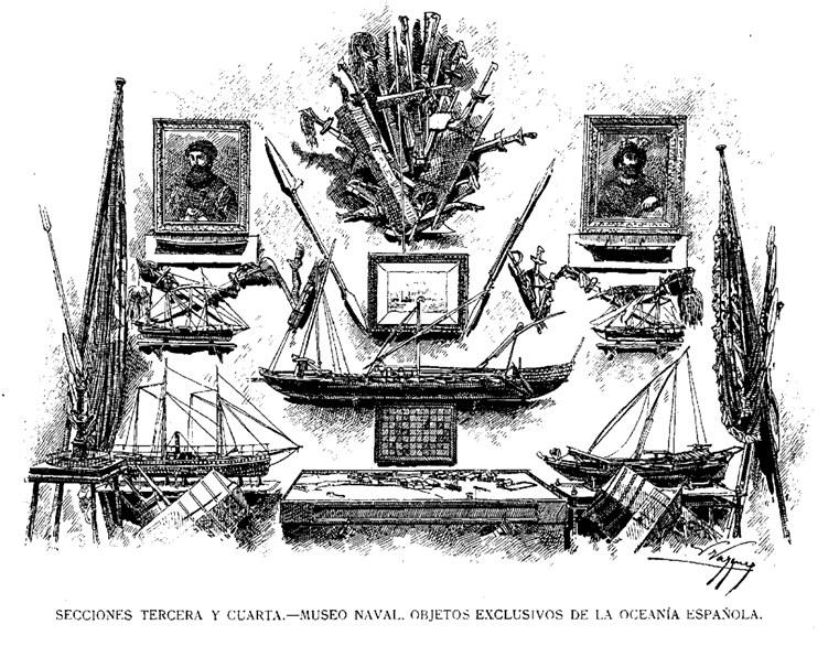 Mostra d'objectes del Museu Naval a l'Exposició de Filipines de Madrid, 1887. Font: La Ilustración. Revista Hispanoamericana (1887) Any 8, número 360. Barcelona: 21