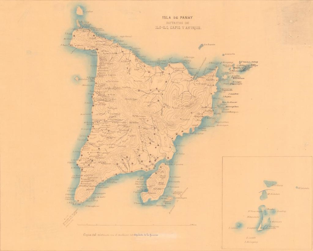 Mapa de la Illa de Panay: districtes d'Ilo-Ilo, Cápiz i Antique (1875) [Dipòsit de la Guerra]. Arxiu Cartogràfic d'Estudis Geogràfics del Centre Geogràfic de l'Exèrcit. Signatura: Ar.Q-T.1-C.1-16