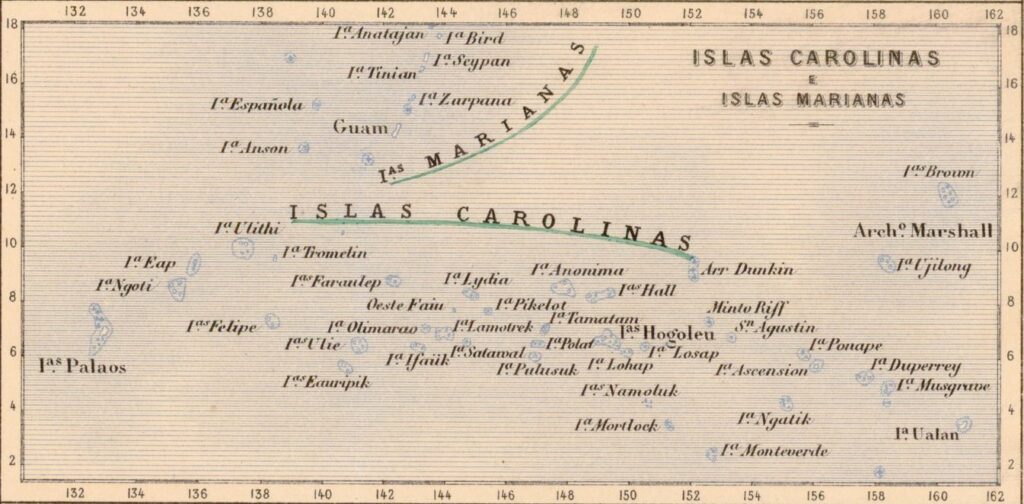 Les Illes Carolines representades en un mapa d'Espanya del 1885. Font: Nuevo mapa de España y Portugal / trazado por Delamare segun los geógrafos mas autorizados y las últimas divisiones políticas ; Grabado por Delamare Calle St. André des art 45, París. París ; Nueva York : en casa L. turgis é hijos, Rue des Ecoles 60 : en casa de J. Turgis y Ca. Arxiu Cartogràfic d'Estudis Geogràfics del Centre Geogràfic de l'Exèrcit. Signatura: Ar.E-T.2-C.1-143